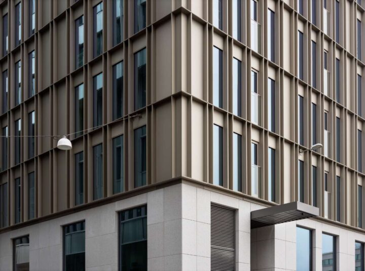 Corner view of the exterior including entryway on the right